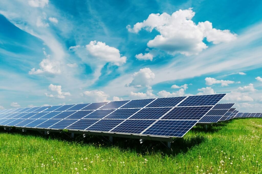 solar-panel-on-blue-sky-background